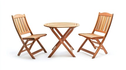 Teak garden furniture set featuring two folding chairs and a round table isolated on a clean white background for stylish outdoor decor