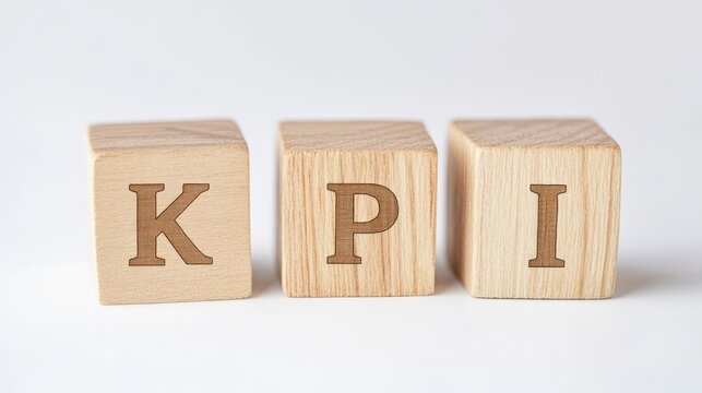 Wooden cubes displaying the letters KPI on a white background representing the concept of Key Performance Indicators in business analytics