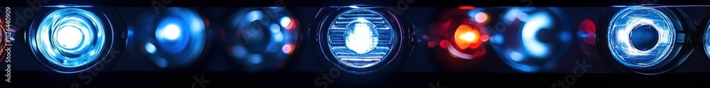 Aufkleber Various LED car headlights and tail lights are displayed in an eye-catching arrangement, allowing for custom text insertion and clear visibility. Generative AI