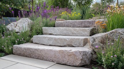Elegant terraced stone steps surrounded by vibrant flowers and lush greenery in a beautiful garden setting