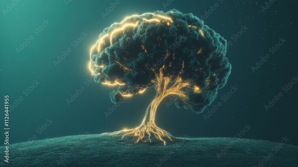 Poster a brain evolves into a tree with glowing branches and roots, symbolizing the connection between know