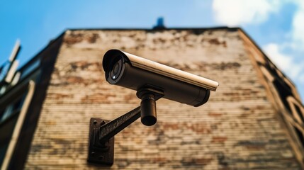 Security camera monitoring urban environment on building exterior with cloudy sky backdrop
