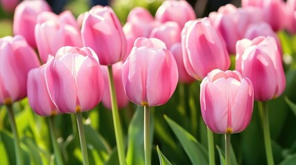 Vibrant pink tulip flowers in full bloom surrounded by lush green leaves, capturing the essence of springtime beauty, floral, nature, garden, bright colors.