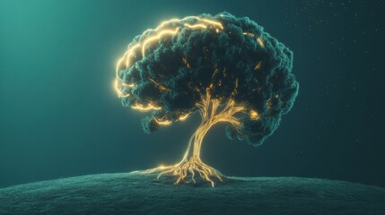 A brain evolves into a tree with glowing branches and roots, symbolizing the connection between knowledge and natural growth. Generative AI