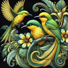 Fototapeta premium illustration tropical birds, green and yellow colors, very detailed birds, ai