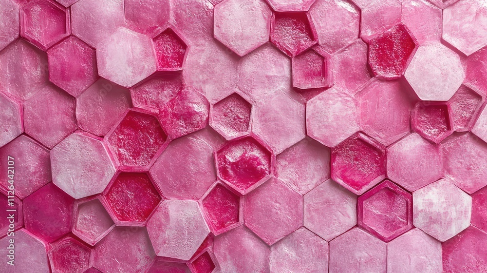 Poster textured pink hexagon patterns with transparent and opaque variations, creating a visually dynamic s