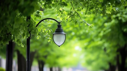 Vintage street lamp surrounded by lush greenery creating a serene atmosphere in a soft-focused park...