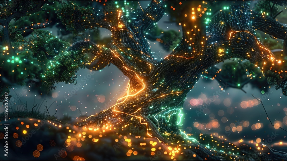 Poster a futuristic tree with glowing neon circuit board branches, blending organic elements like leaves an