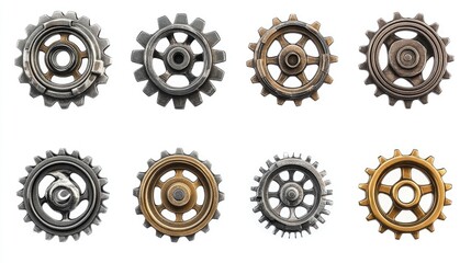 Set of diverse metallic gears symbolizing teamwork collaboration and interconnectivity on a clean isolated background