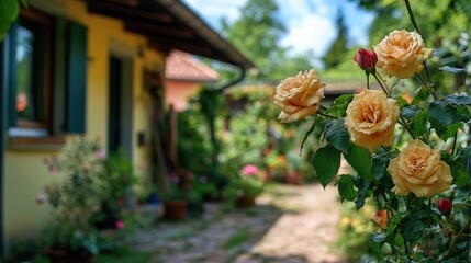 Cottage garden in South Germany showcasing vibrant summer flowers in warm hues near a charming farmhouse on a sunny June day.