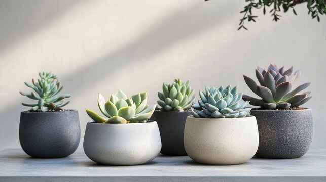 Groups of houseplants on a concrete table featuring Echeveria and Pachyveria opalina succulents in modern pots.