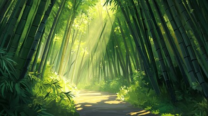 Bamboo Forest Path, Sunlight streaming through bamboo, Serene green nature, Peaceful forest, Greenery and light, Botanical pathway