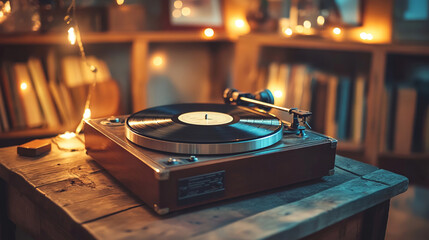 Vinyl record player and record in a cozy room with warm fairy lights creating a relaxed and vintage...