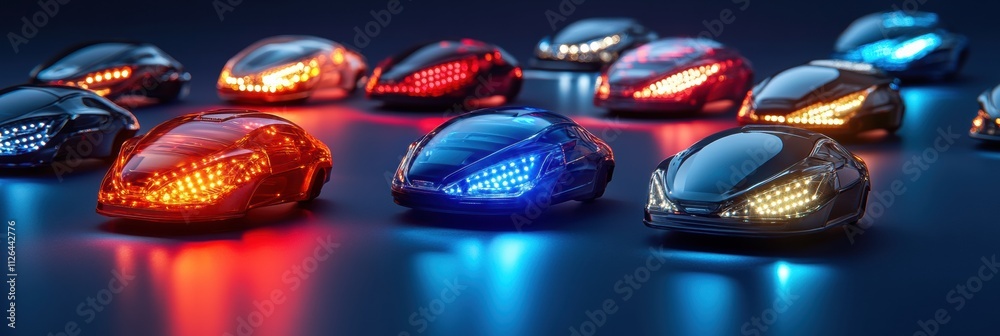 Poster led car headlights and tail lights are artistically arranged, showcasing a variety of colors and des