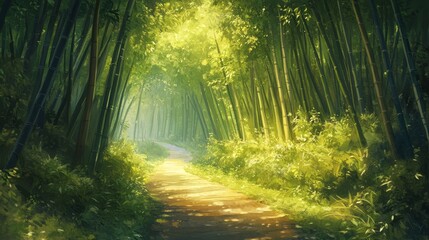 Obraz premium Scenic path through lush green bamboo forest, sunlit walkway, tranquil nature background, peaceful forest scene