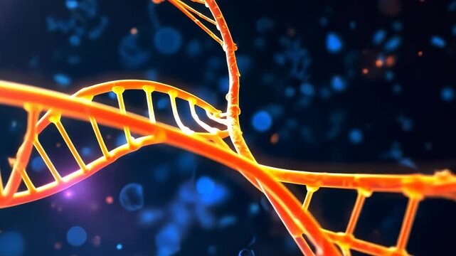 Video footage of vibrant, close up depiction of a DNA double helix structure, showcasing the intricate twists and bonds of genetic material against a dark, abstract background