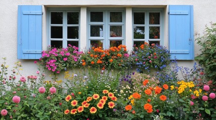 Obraz premium Vibrant cottage garden flowers in sunny South Germany showcasing a colorful array of blooming plants in front of a farmhouse window.