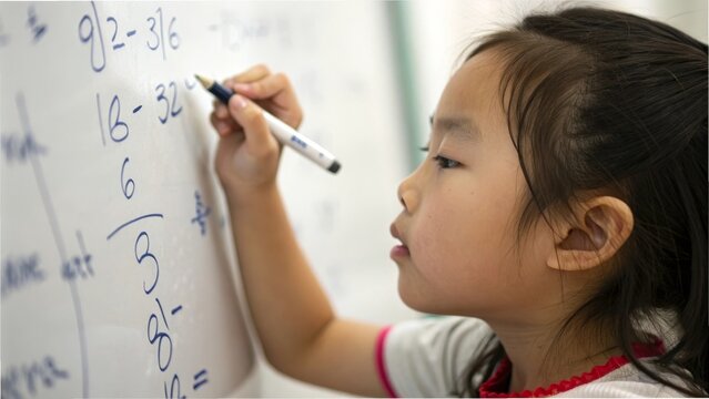 Focused young girl solving math problems on classroom whiteboard with marker