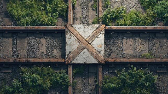 Railroad track cross section with overgrown vegetation highlighting nature's reclamation of industrial landscapes