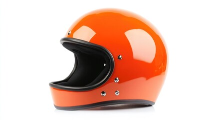 Fototapeta premium Bright orange motorcycle helmet with a glossy finish, isolated on a clean white background, emphasizing design and color, safety gear, automotive accessory, stylish headgear.