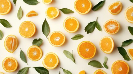 Freshly sliced oranges and green leaves arranged artistically on a light background showcasing vibrant colors and natural textures