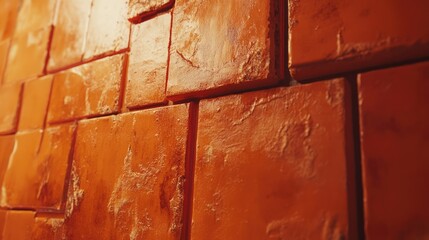 Close-up view of an orange brick wall texture, featuring uneven surfaces and glossy finishes, ideal for backgrounds, architecture, interior design, rustic style.