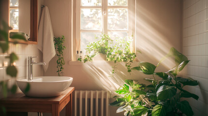 Fototapeta premium Beautiful bathroom interior with flowers. Selective focus.