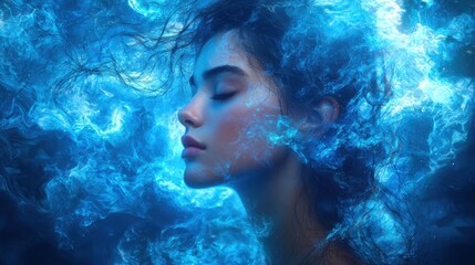 Serene Woman Blue Flames Mystical Portrait Fantasy Art