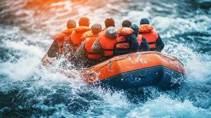 Fototapeta premium Orange raft, splashing water, group rafting, thrilling ride.