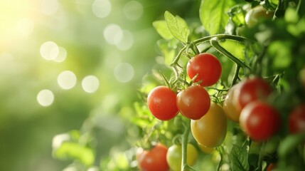 Freshly ripened tomatoes on the vine surrounded by lush green foliage in a sunlit organic garden setting.