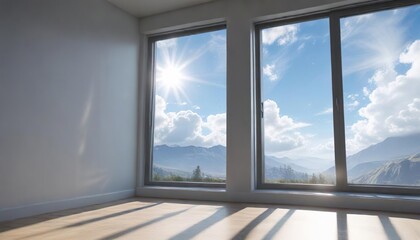 Sunlight filtering through window onto blue sky outside, windowsill, bright, sunbeam, sunshine, radiance