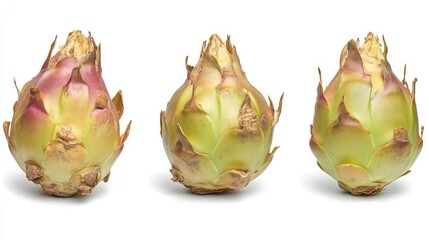 Naklejka premium Dragon fruit pitaya trio showcasing vibrant skin textures and colors isolated on a clean white background for culinary and marketing use.