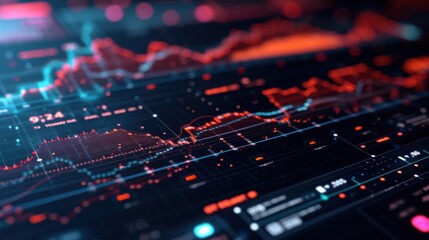 Obraz premium Futuristic interface displaying complex data analysis with interactive charts, graphs, and kpis on a digital screen, highlighting innovation in production and visualization