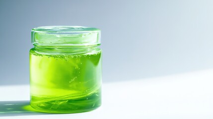 Green jelly in clear jar on white background with shadow