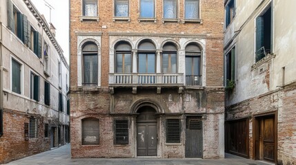 Narrow street facades showcasing historic architecture in the old city of Venice with weathered bricks and unique windows