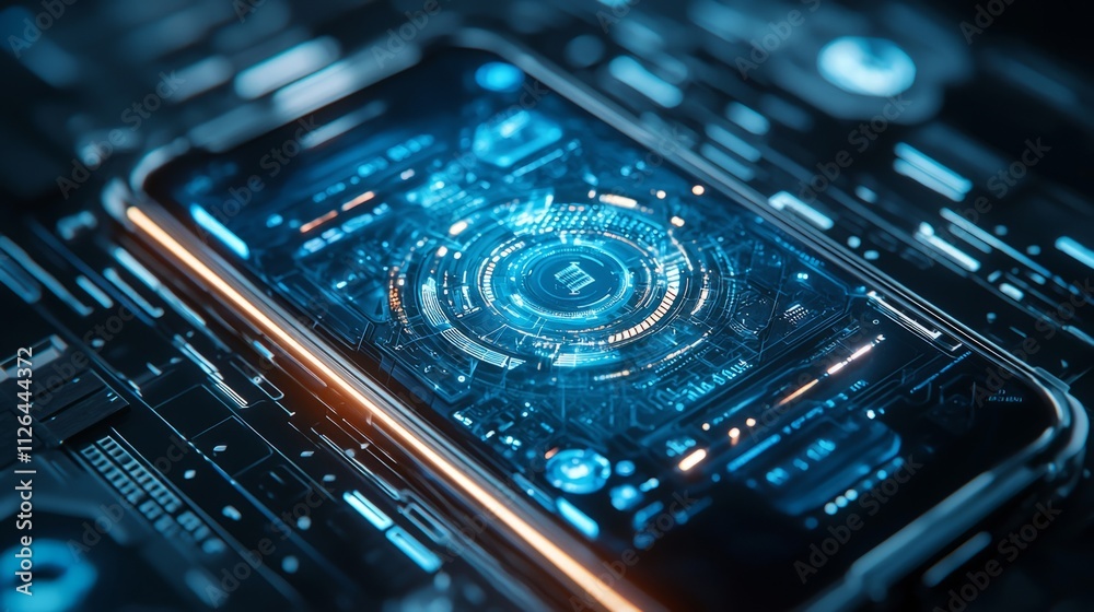 Aufkleber A sleek smartphone lies on a high-tech surface, showcasing a vivid interactive interface filled with glowing graphics and advanced features. This dynamic display hints at future technology