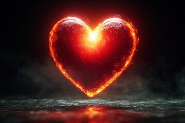 glowing red heart with radiant halo effect floats in center of black background with generous copy space