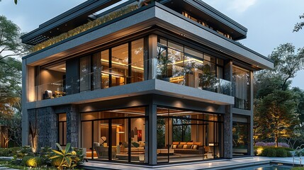 Modern three-story villa, sleek and minimalist style, fair-faced concrete exterior, contemporary and luxurious materials, front gate with elegant fencing, outdoor swimming pool, clean lines.