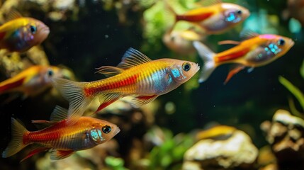 Fototapeta premium Colorful tropical fish swimming in a vibrant city aquarium display showcasing aquatic life in an urban setting