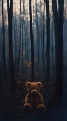 A small, slightly worn teddy bear sitting alone in a forest during autumn. The background is softly blurred, showing hints of golden leaves and dark tree trunks.