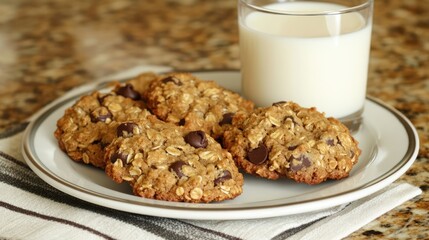 Healthy oatmeal chocolate chip cookies on a plate served with a refreshing glass of milk on a rustic countertop setting