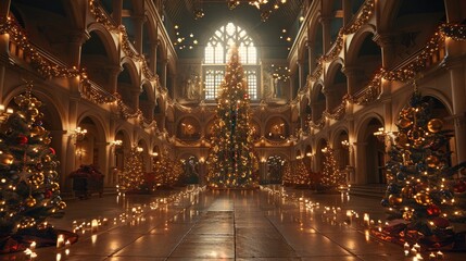 Obraz premium A great hall, xmas decor, bright, vibrant, candlelit, dazzling, sparkling.