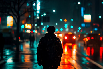 Vibrant City Street at Night with Glowing Lights and Urban Atmosphere Captured Using Generative AI