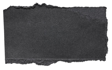Isolated cut out torn piece of blank black paper note cardboard with texture and copy space for text, transparent png background design element