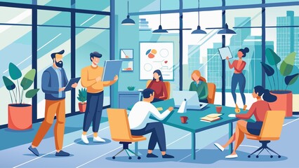 A group of people are in a conference room, working together