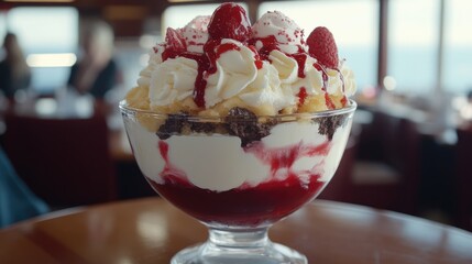 Delicious ice cream sundae with strawberries and whipped cream served at a seaside restaurant with ocean view