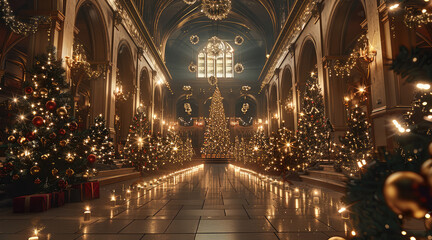 Obraz premium A great hall, xmas decor, bright, vibrant, candlelit, dazzling, sparkling.