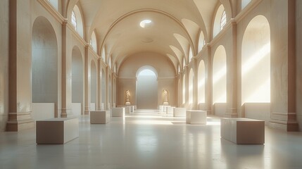 Fototapeta premium Interior of a museum or gallery with empty pedestals without exhibits, high arched ceilings, stone walls, serene and timeless atmosphere, soft natural lighting.