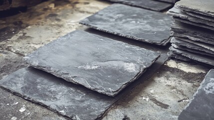Gray stone paving slabs arranged on a textured floor in a natural light setting showcasing rustic construction materials and surfaces.