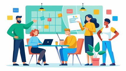 A group of people are gathered around a table with a whiteboard and a laptop